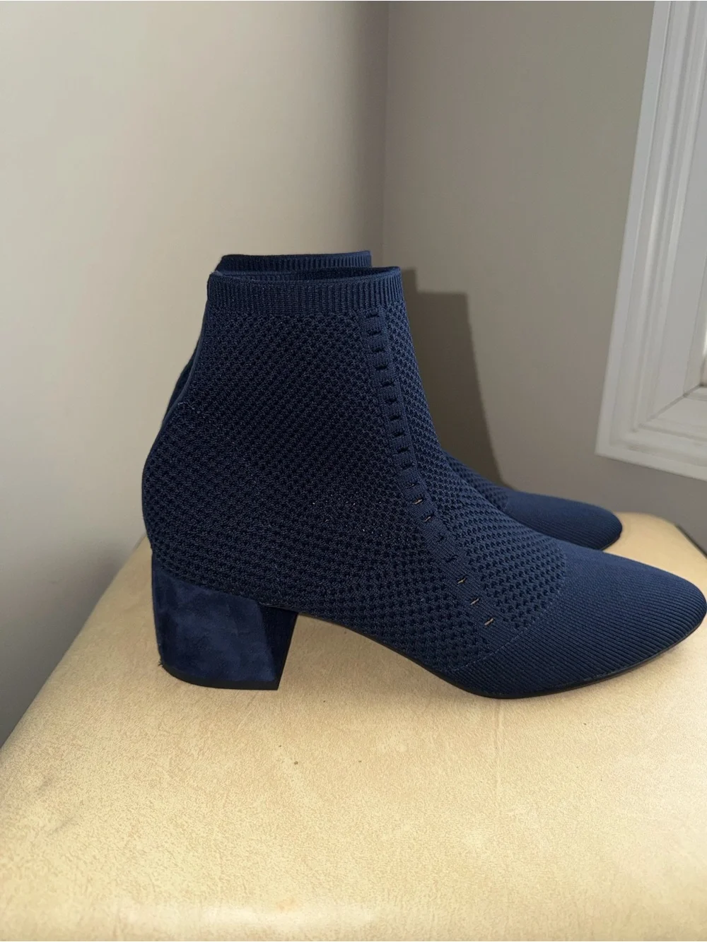 Eileen Fisher Navy Knit Sock Ankle Boots Size 10 Block Heel Pointed Toe Stretch